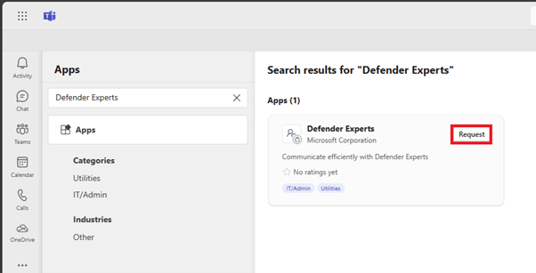 Zrzut ekranu przedstawiający żądanie aplikacji Defender Experts w usłudze Microsoft Teams.