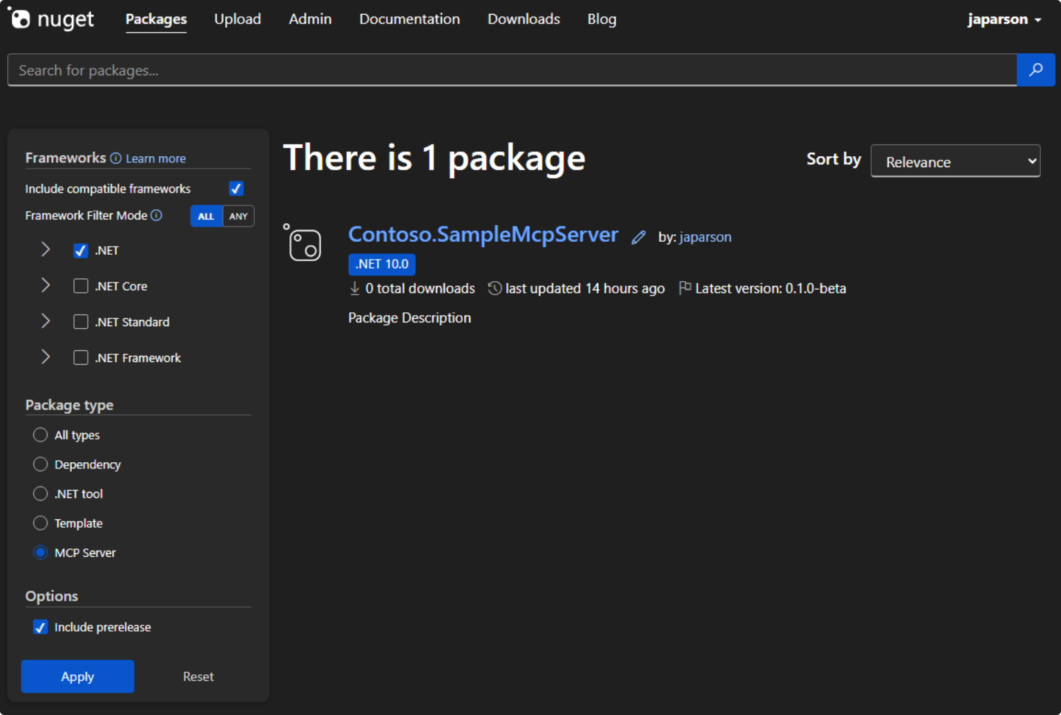 Zrzut ekranu przedstawiający wyszukiwanie serwerów MCP na NuGet.org.