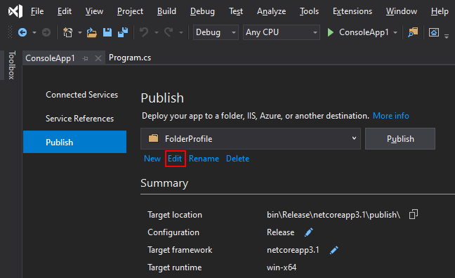 Zrzut ekranu przedstawiający profil Publikuj w programie Visual Studio z wyróżnionym przyciskiem Edytuj.