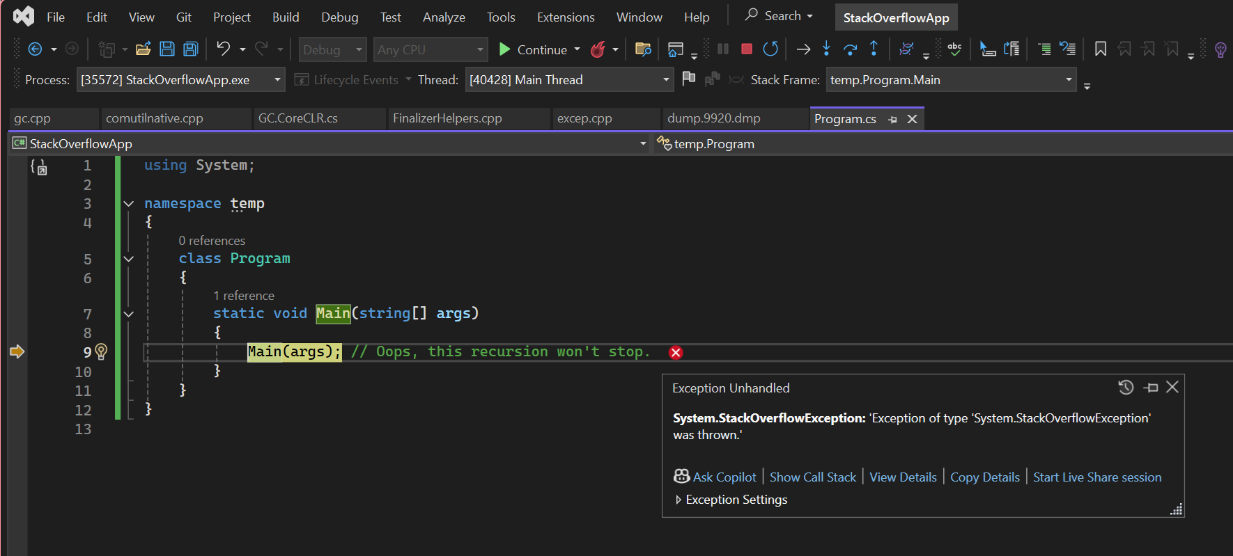 okno dialogowe Visual Studio StackOverflowException.