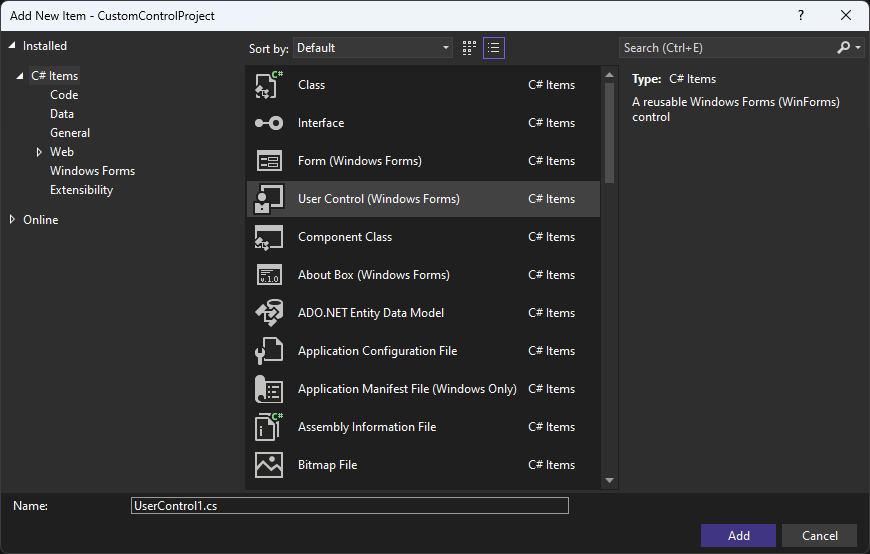 Okno dialogowe Dodawanie elementu w programie Visual Studio for Windows Forms
