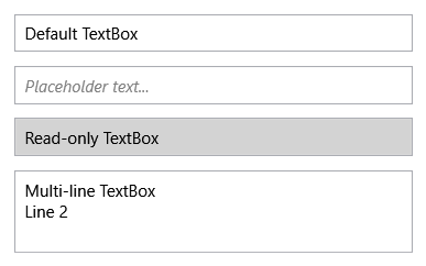 Zrzut ekranu przedstawiający cztery kontrolki TextBox demonstrujące różne stany.