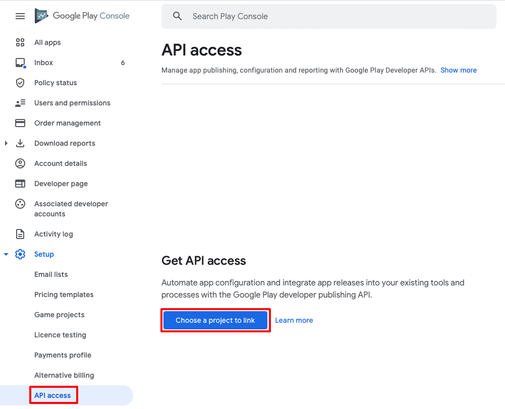 Zrzut ekranu przedstawiający stronę dostępu do interfejsu API w konsoli Sklepu Google Play.