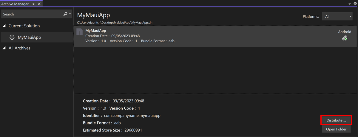 Zrzut ekranu przedstawiający menedżera archiwum w programie Visual Studio po zakończeniu archiwizacji.
