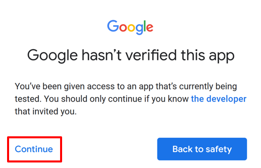 Zrzut ekranu przedstawiający logowanie google z informacją, że aplikacja nie została zweryfikowana.