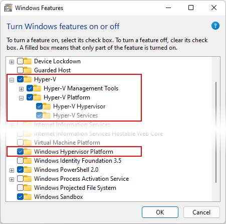 Włączanie funkcji Hyper-V i platformy funkcji Hypervisor systemu Windows dla platformy .NET MAUI.