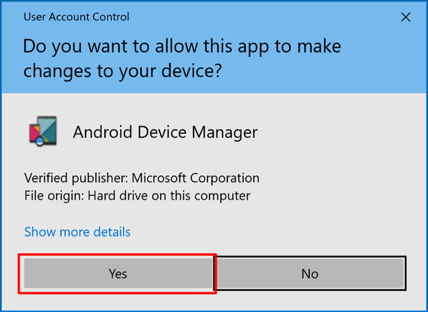 Okno dialogowe kontroli konta użytkownika Menedżer urządzeń systemu Android.