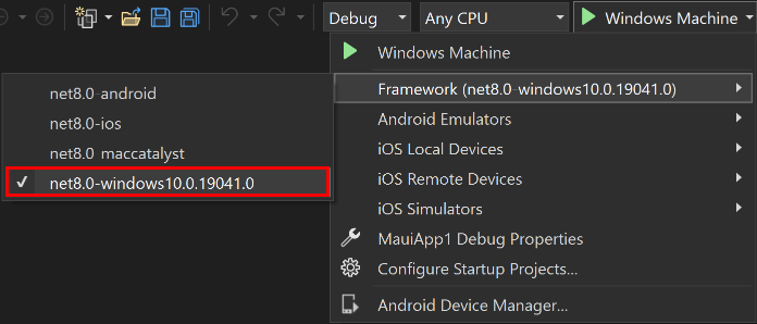 Wybierz element docelowy debugowania maszyny z systemem Windows dla programu .NET MAUI.
