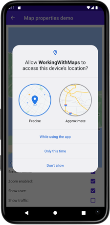 Zrzut ekranu przedstawiający żądanie uprawnień lokalizacji w systemie Android.