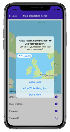 Zrzut ekranu przedstawiający żądanie uprawnień lokalizacji w systemie iOS.