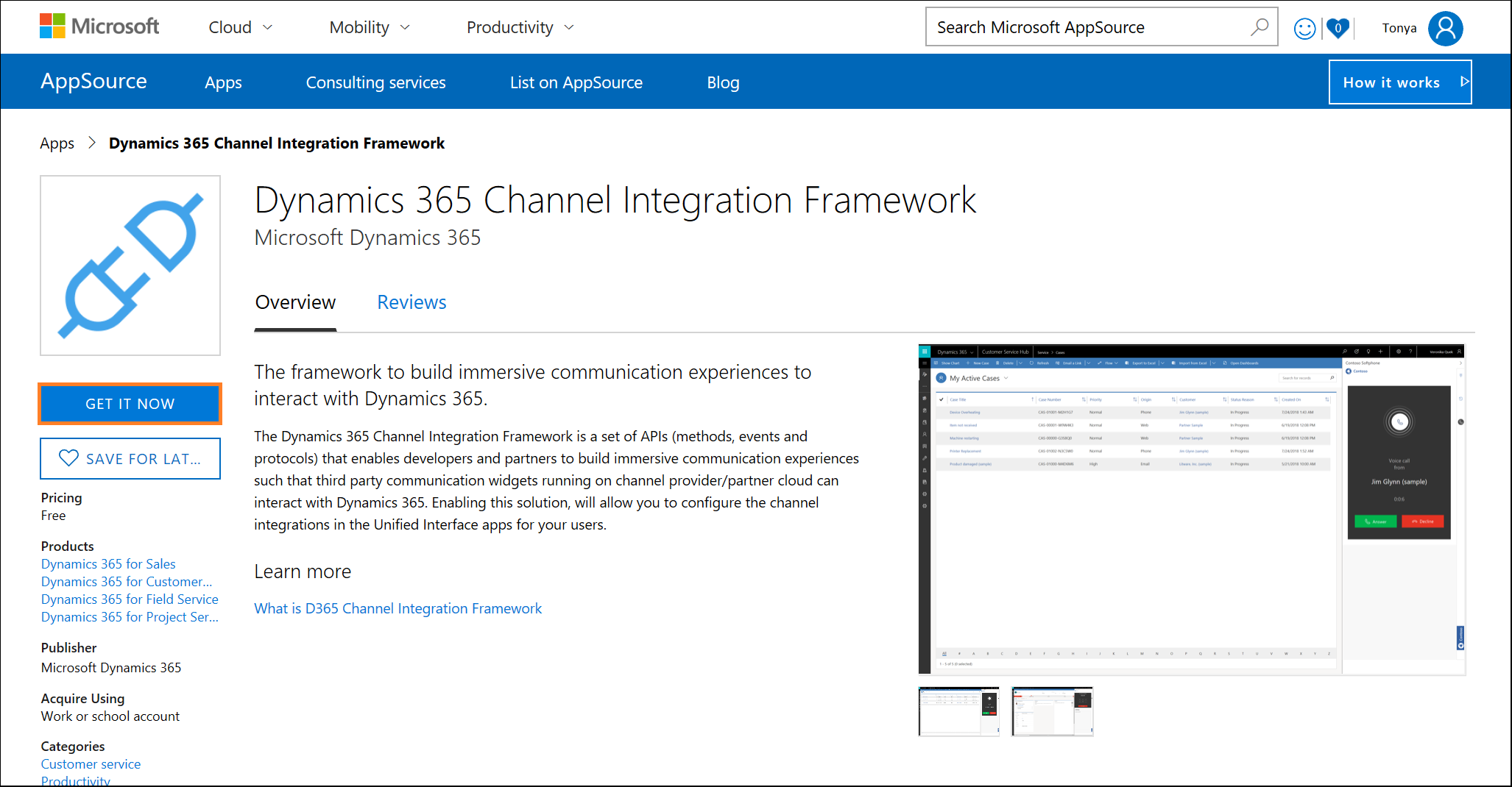 Narzędzia integracji kanału usługi Dynamics 365 w Microsoft AppSource.