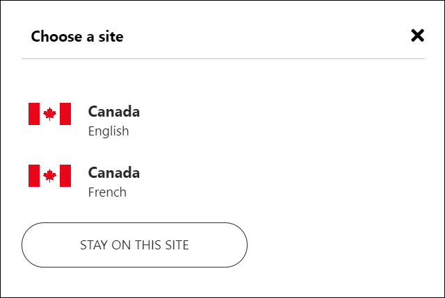 Screenshot of a region/language picker dialog box that shows options for English and French sites for Canada.