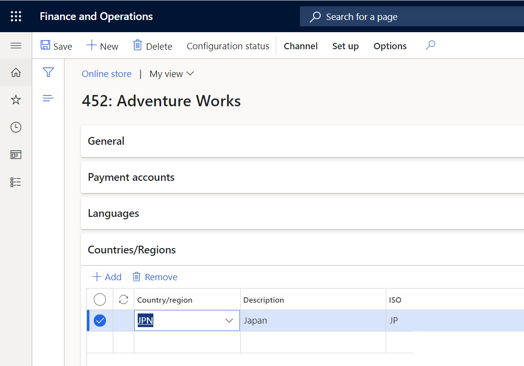 Screenshot of countries/regions being mapped to an online store in Commerce headquarters.