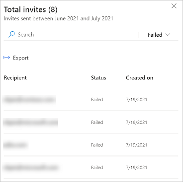 Zrzut ekranu przedstawiający nazwę adresata, stan (niepowodzenie) i datę, kiedy zaproszenie zakończyło się niepowodzeniem.