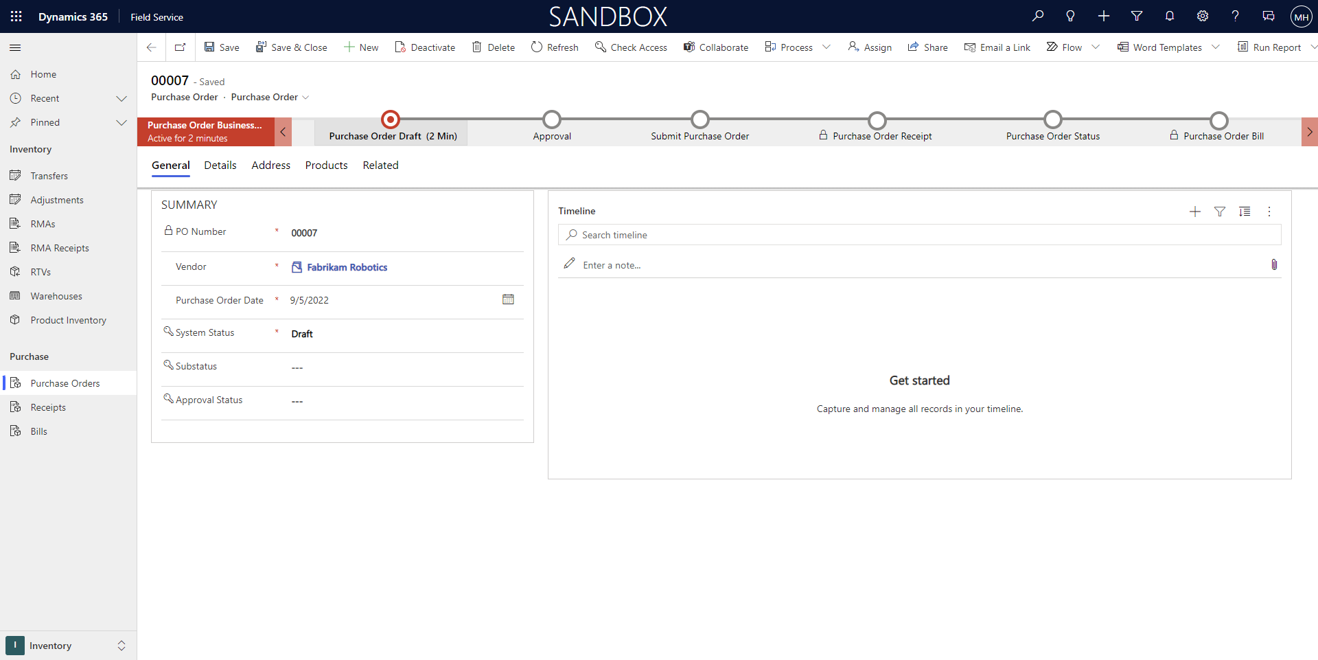Zrzut ekranu przedstawiający zamówienie zakupu w stanie wersji roboczej.