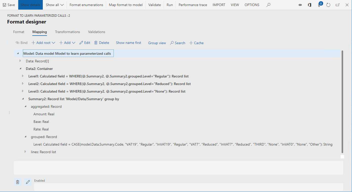 Strona Projektant formatów pokazująca szczegóły źródła danych Model.Data2.Summary2.