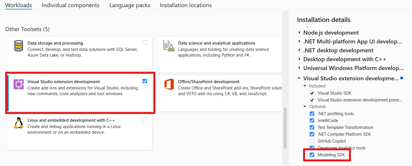 Screenshot that shows the location of the Visual Studio extension development toolset and the Modeling SDK checkbox.