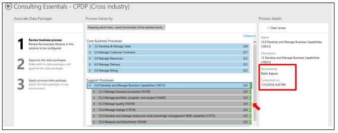 Reviewed business processes with a green bar and updated Reviewed by and Completed on values.
