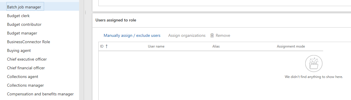 Screenshot of the Batch Job Manager role selection with Manually assign/exclude user option.