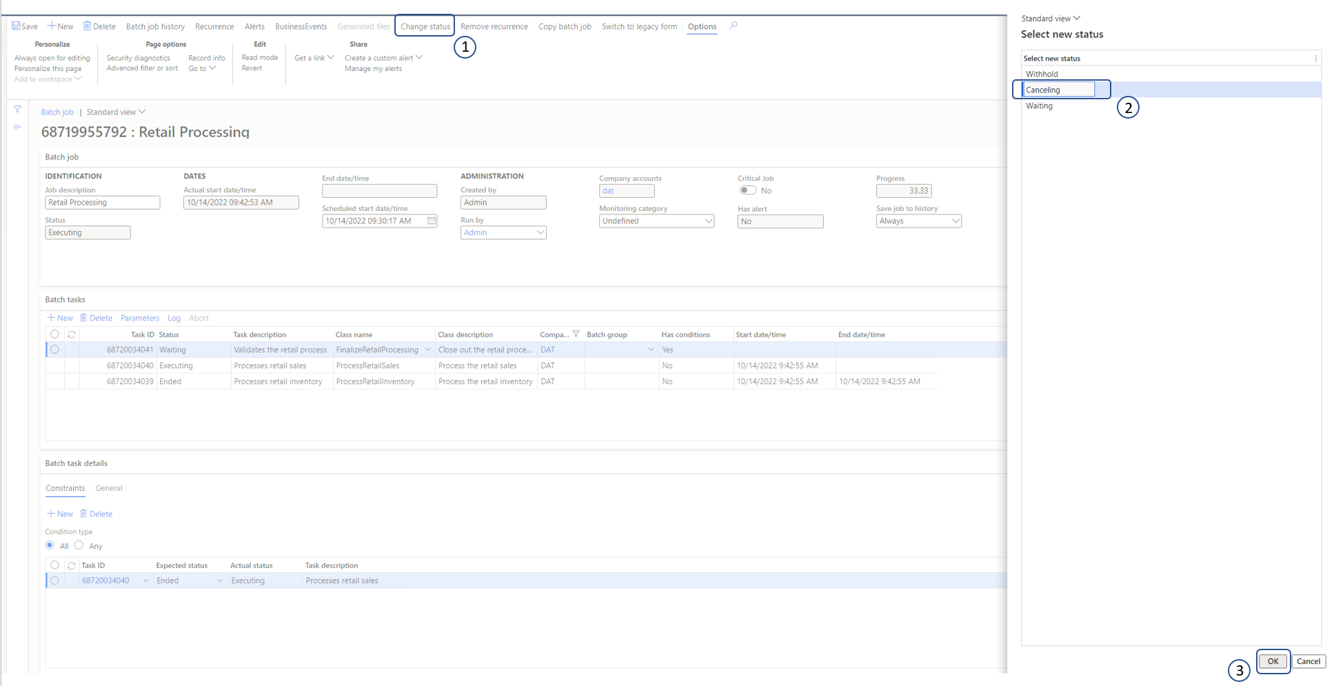 Changing the status of a selected batch job to Canceling.