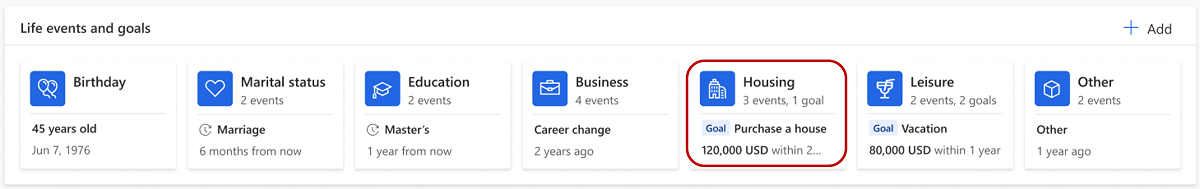 Screenshot of the Life events and goals area.
