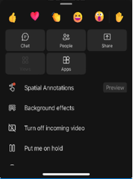 Zrzut ekranu aplikacji Teams na telefonie komórkowym przedstawiający wybór paska narzędzi Adnotacje przestrzenne