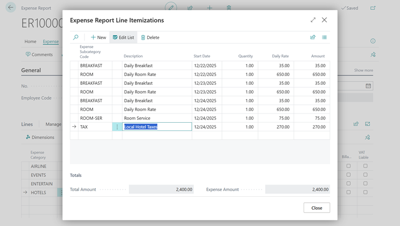 Itemized lines for the Expense Report
