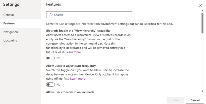 Zrzut ekranu przedstawiający kartę Funkcje w oknie dialogowym Ustawienia w projektancie aplikacji.