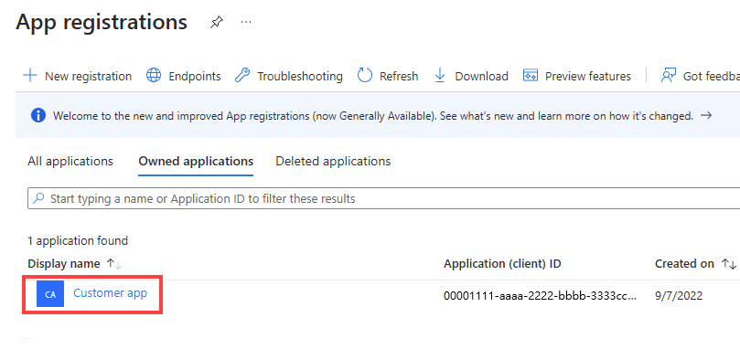 Zrzut ekranu przedstawiający stronę przeglądu rejestracji aplikacji.