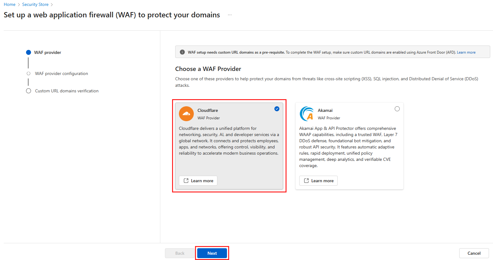 Zrzut ekranu przedstawiający stronę wybierania dostawcy zapory aplikacji internetowej.