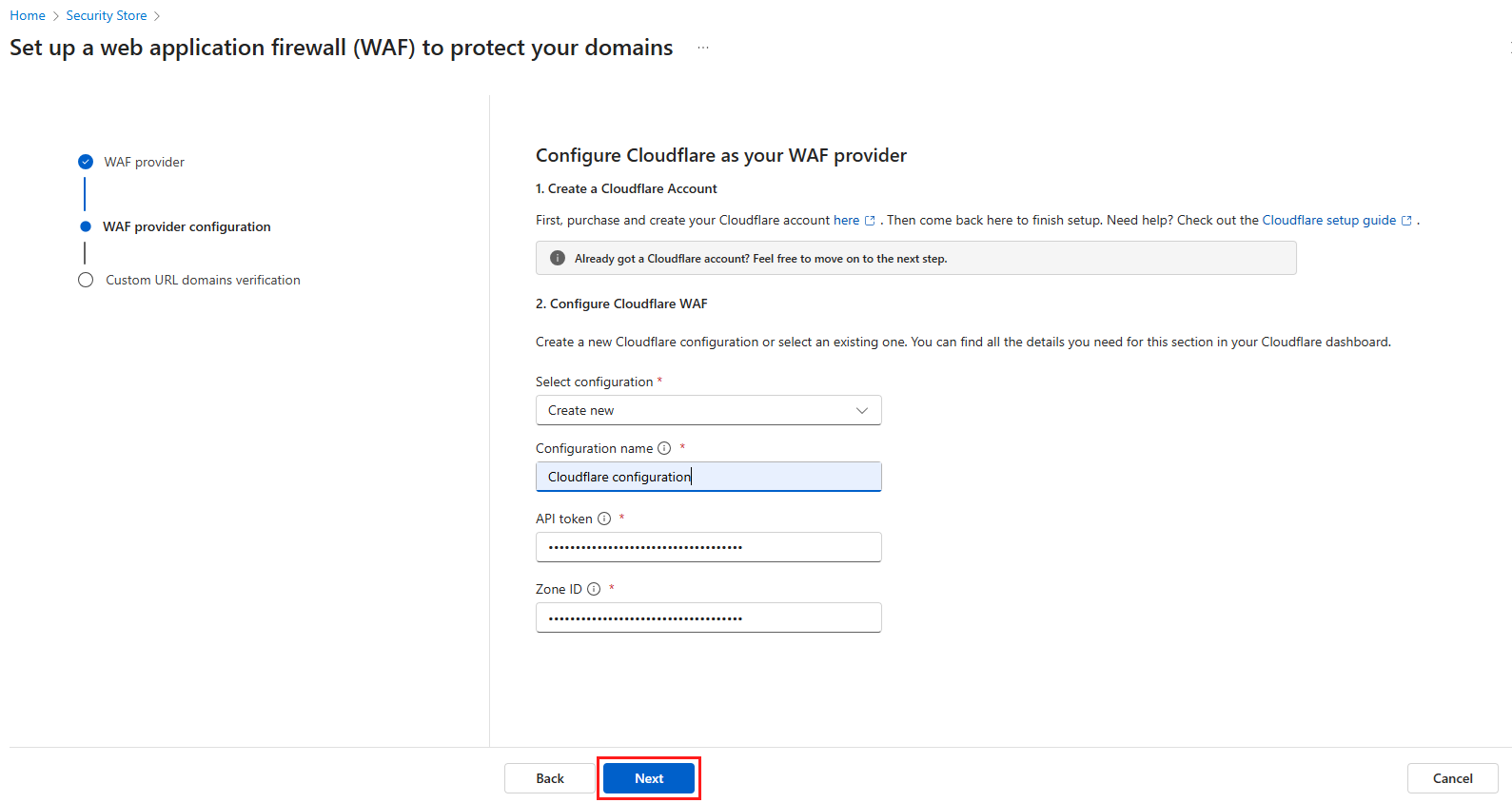 Zrzut ekranu przedstawiający stronę konfiguracji dostawcy zapory aplikacji internetowej.