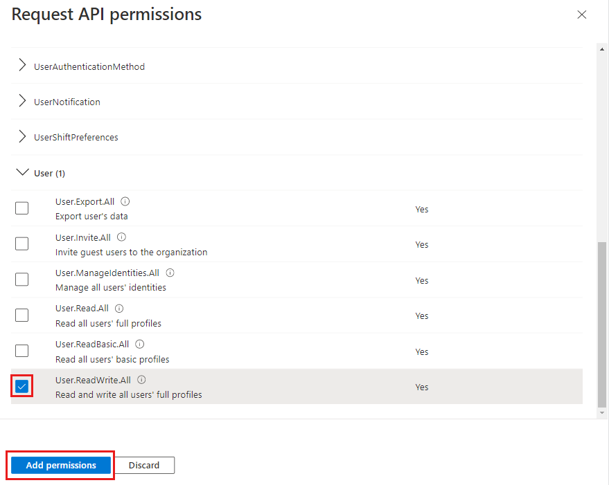 Zrzut ekranu przedstawiający żądanie uprawnień interfejsu API.