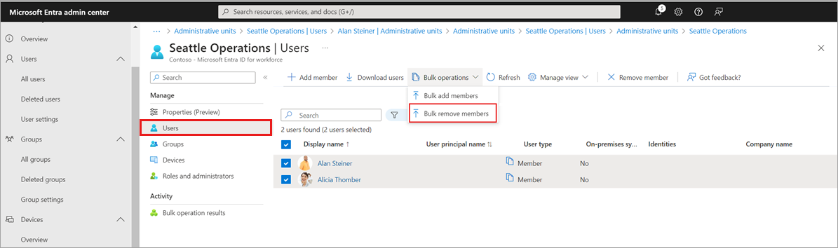 Zrzut ekranu przedstawiający stronę Użytkownicy z linkiem Masowe usuwanie członków.