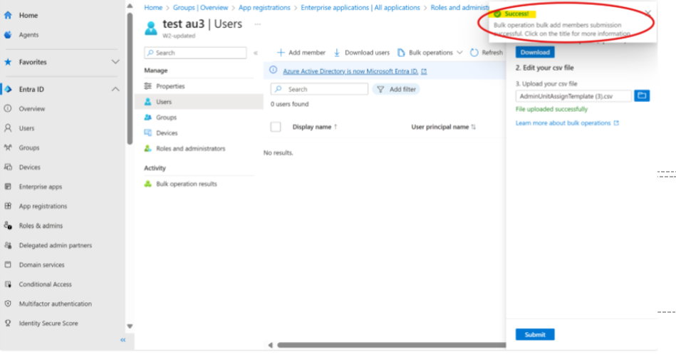 Zrzut ekranu przedstawiający powiadomienie o pomyślnym zakończeniu operacji masowego dodawania członków.