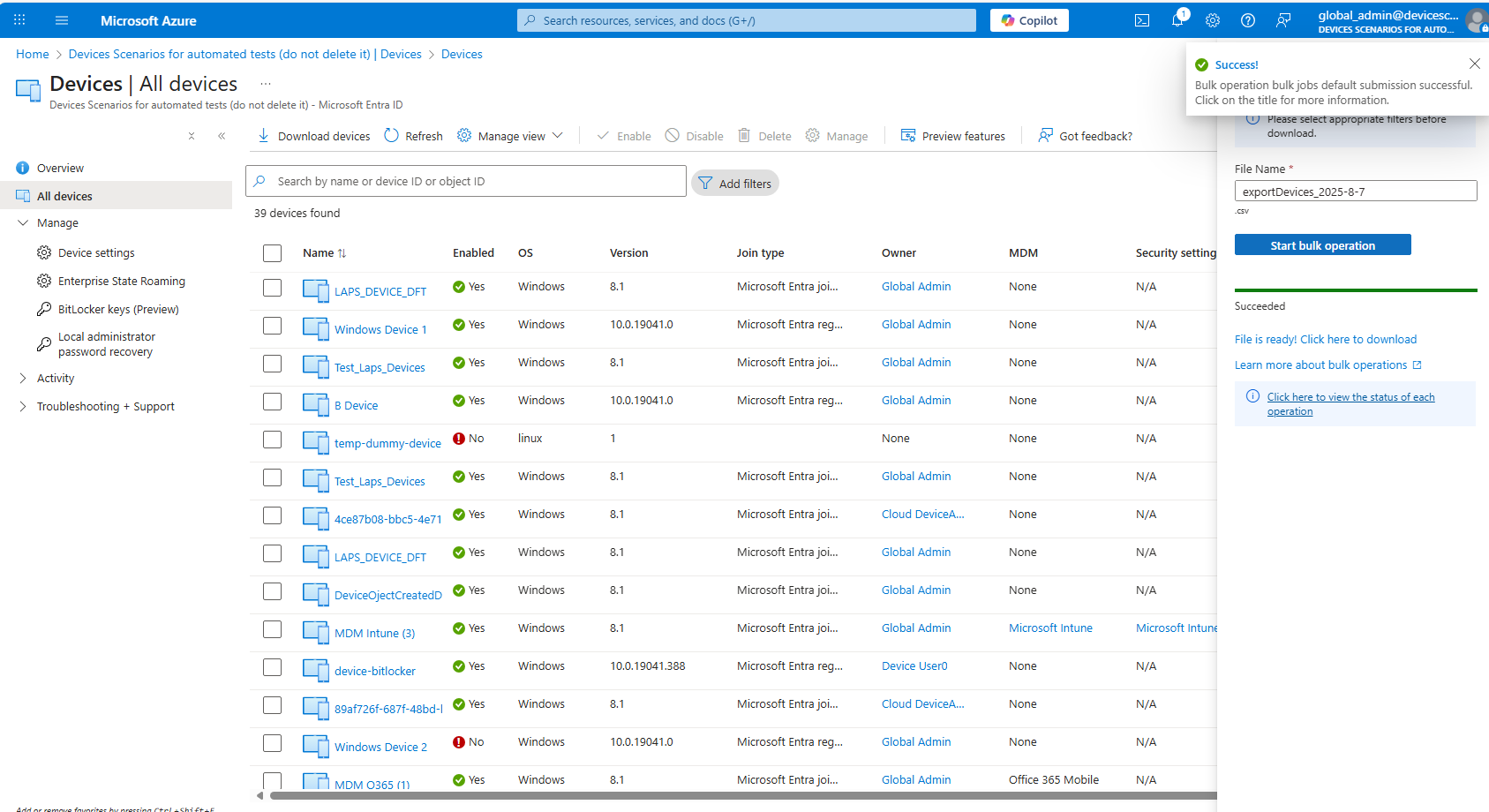 Zrzut ekranu przedstawiający powiadomienie o powodzeniu po uruchomieniu zadania Pobieranie urządzeń.