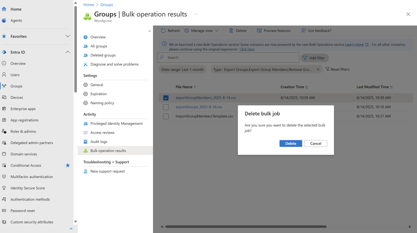 Zrzut ekranu przedstawiający wybrane zadanie zbiorcze na stronie Operacje zbiorcze z widocznym przyciskiem Usuń.
