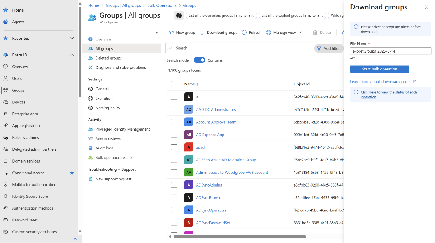 Zrzut ekranu przedstawiający stronę Grupy z przyciskiem Pobierz grupy wyróżnionym na pasku narzędzi.