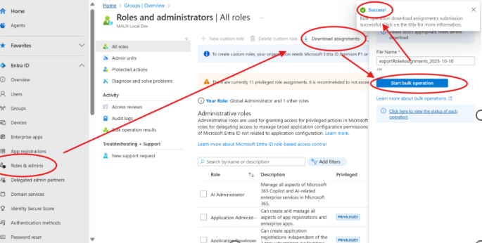 Zrzut ekranu przedstawiający listę zadań zbiorczych do pobrania przypisania roli.