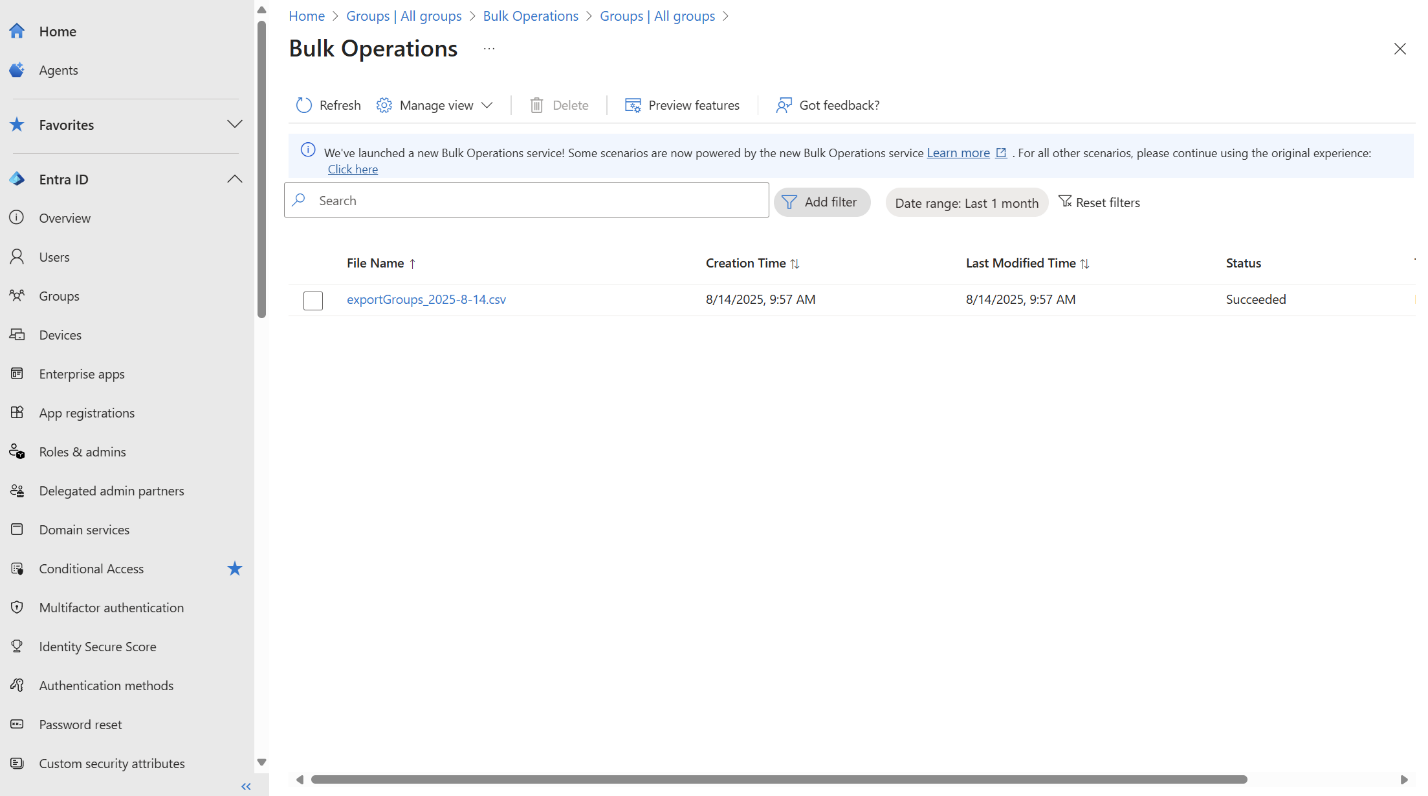 Zrzut ekranu przedstawiający powiadomienie o pomyślnym przesłaniu pobierania grup zbiorczych z linkiem do wyświetlania stanu.