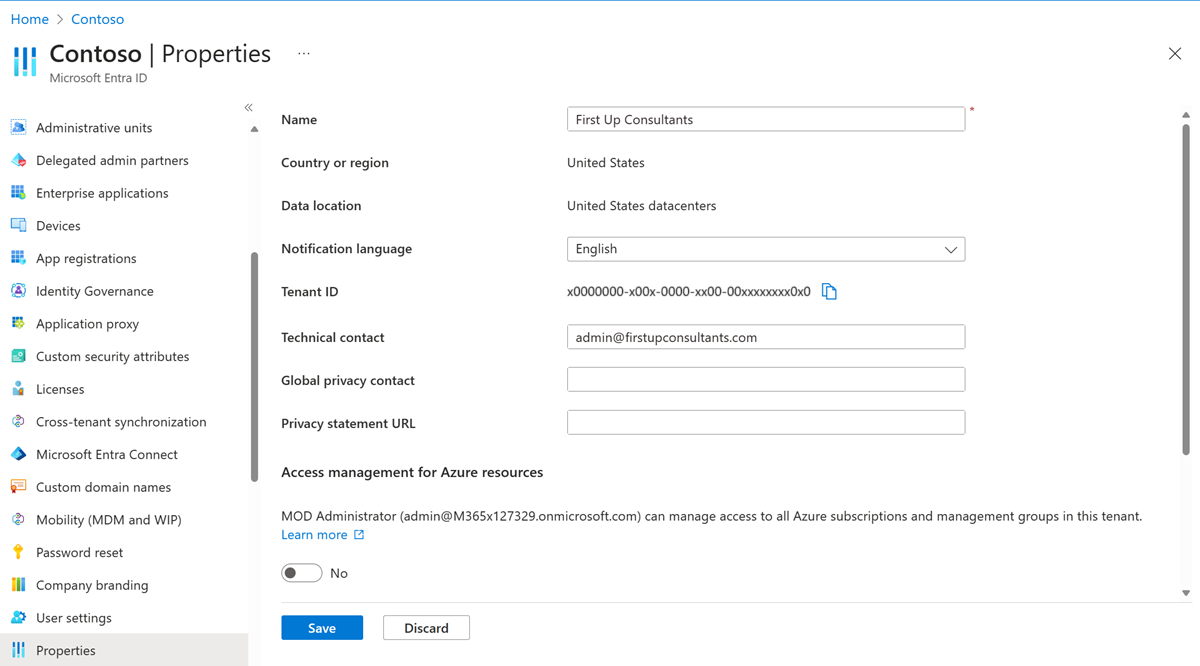 Microsoft Entra ID — właściwości — identyfikator dzierżawy — pole Identyfikator dzierżawy