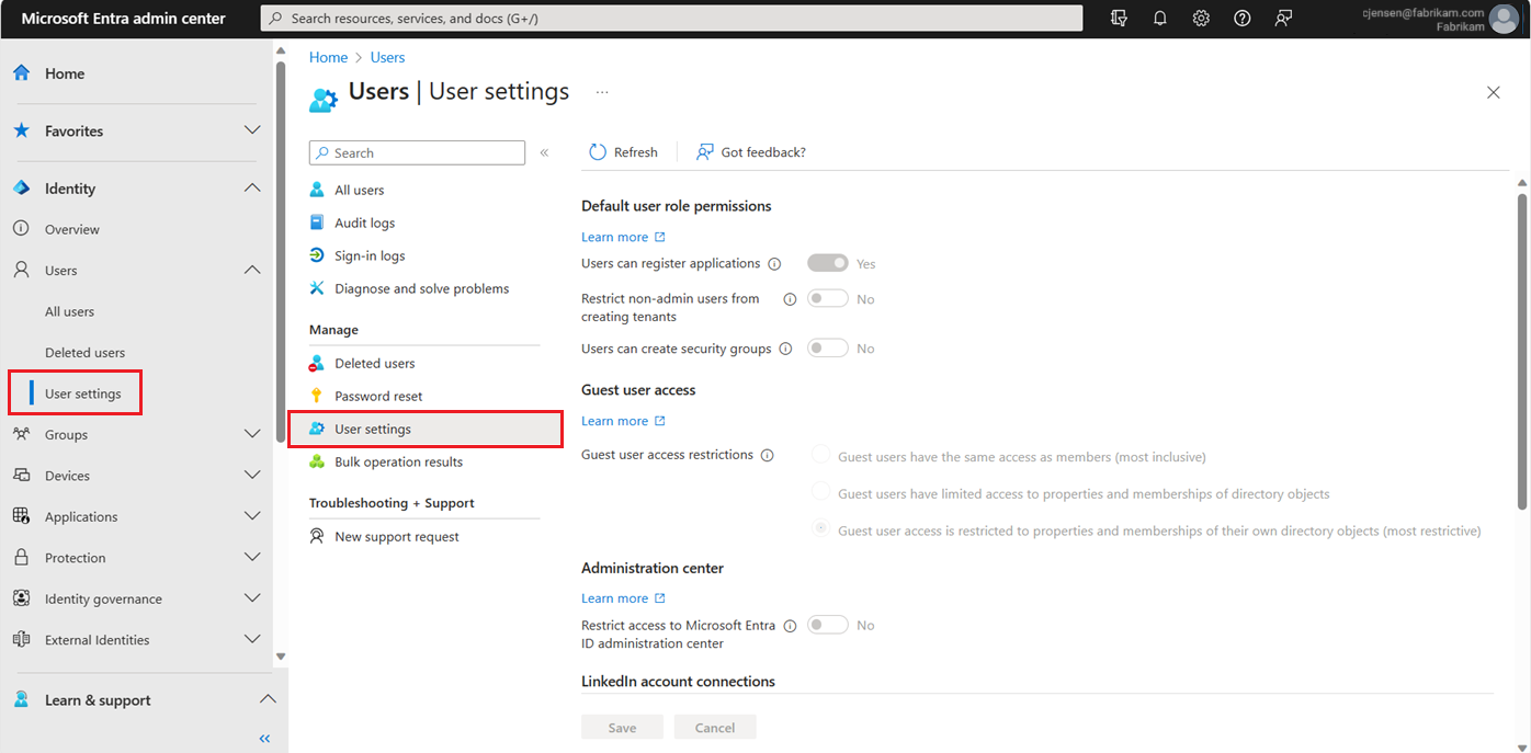Zrzut ekranu przedstawiający stronę Ustawienia użytkownika w identyfikatorze Entra firmy Microsoft.