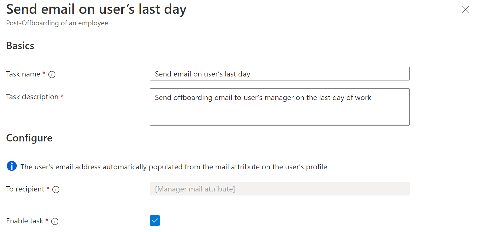 Zrzut ekranu przedstawiający zadanie Przepływy pracy: zadanie wysyłania wiadomości e-mail w ostatnim dniu.