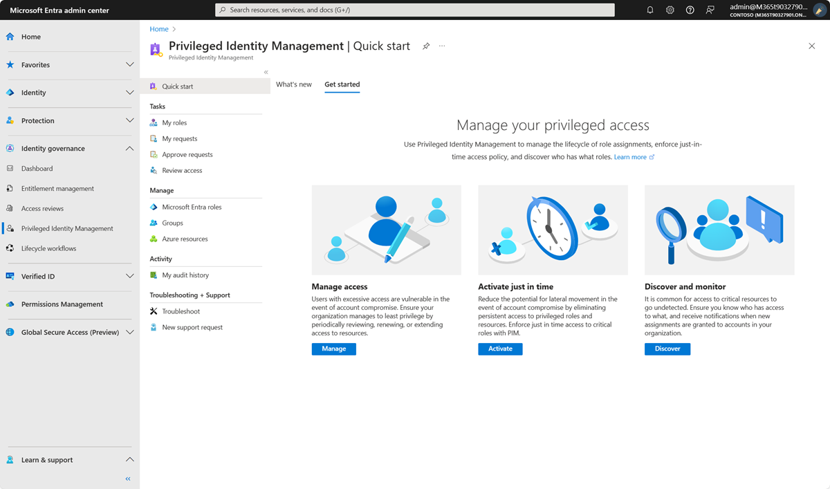 Zrzut ekranu przedstawiający usługę Privileged Identity Management w witrynie Azure Portal.