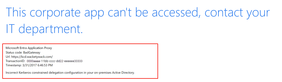 Zrzut ekranu przedstawiający komunikat o błędzie konfiguracji ograniczonego delegowania Kerberos.