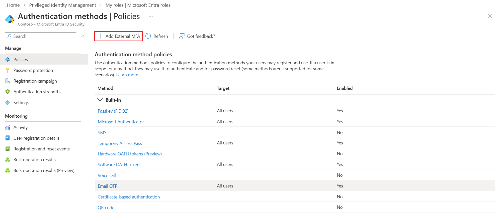 Zrzut ekranu przedstawiający sposób dodawania zewnętrznego uwierzytelniania wieloskładnikowego w Centrum Administracji Microsoft Entra.