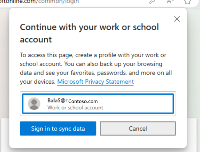 Zrzut ekranu przedstawiający wyskakujące okienko w przeglądarce Microsoft Edge z prośbą o zalogowanie się użytkownika.