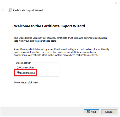 Wybierz opcję importowania certyfikatu do magazynu maszyn lokalnych