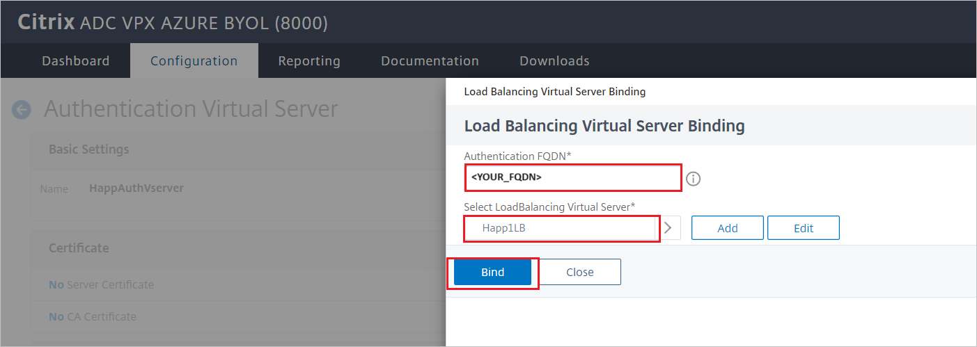 Screenshot of Citrix ADC SAML Connector for Microsoft Entra configuration - Load Balancing Virtual Server Binding pane.