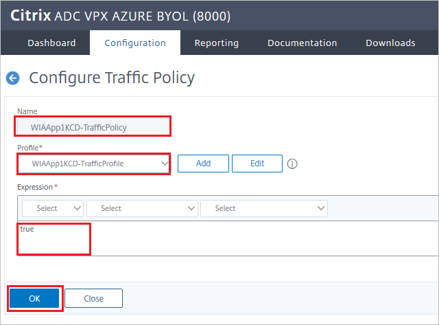 Screenshot of Citrix ADC SAML Connector for Microsoft Entra configuration - Configure Traffic Policy pane