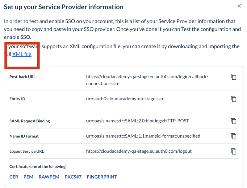 Screenshot that shows downloading the metadata configuration file.